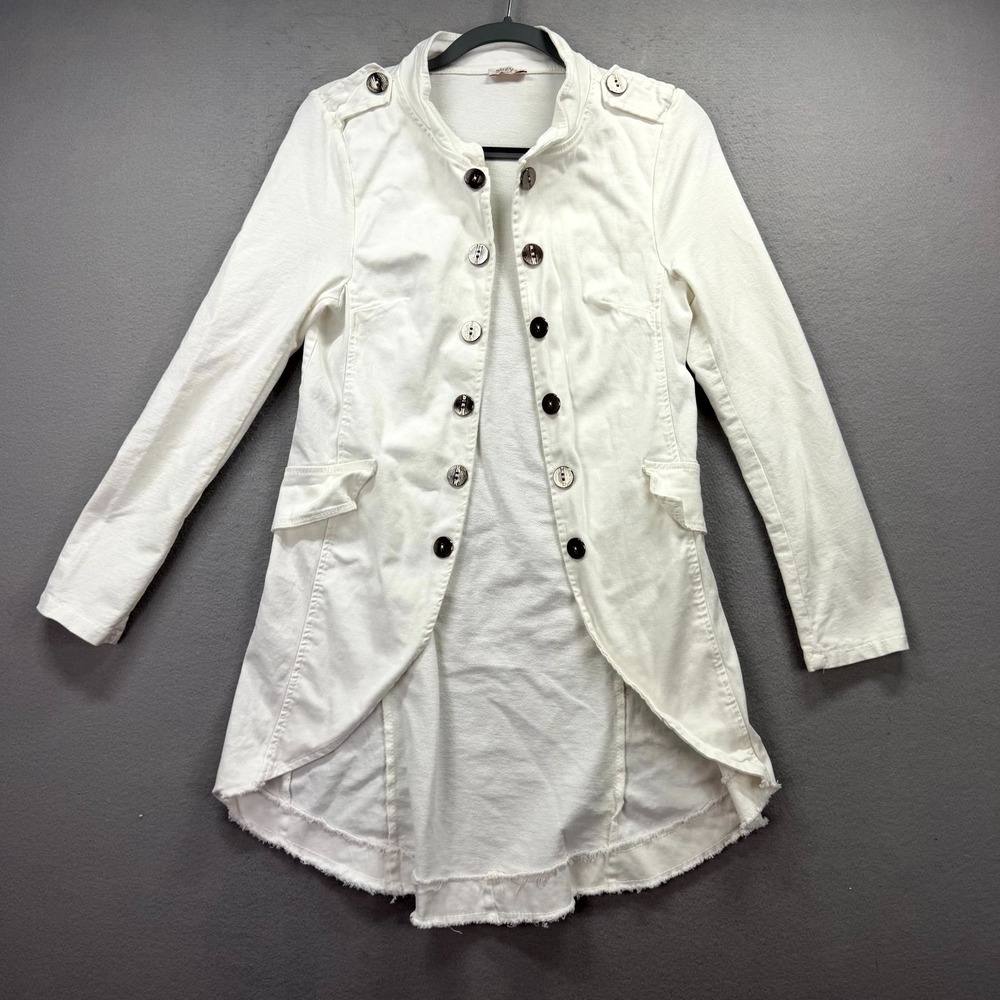 Suzy D London Long Military Jacket Womens Small White High Low Button Open Front